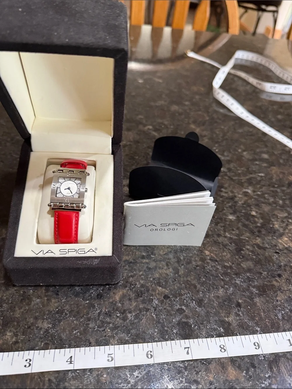 Via Spiga Red Leather Strap Silver-Tone Square Watch - Picture 2 of 6